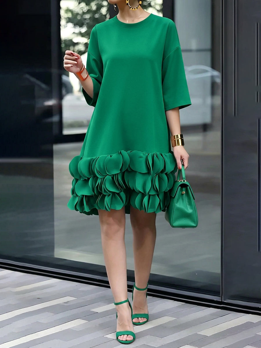 A-Line Loose Solid Color Split-Joint Three-Dimensional Flower Round-Neck Mini Dresses
