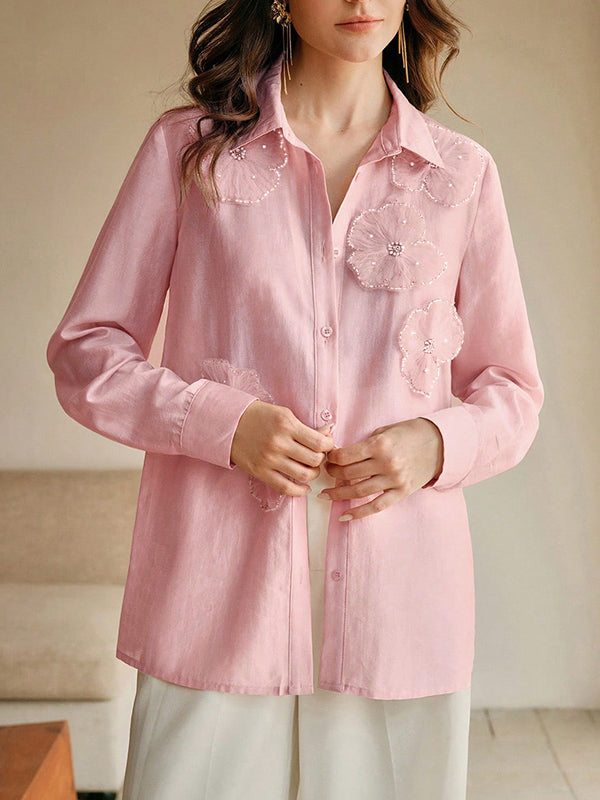 Long Sleeves Applique Split-Joint Lapel Blouses&Shirts Tops