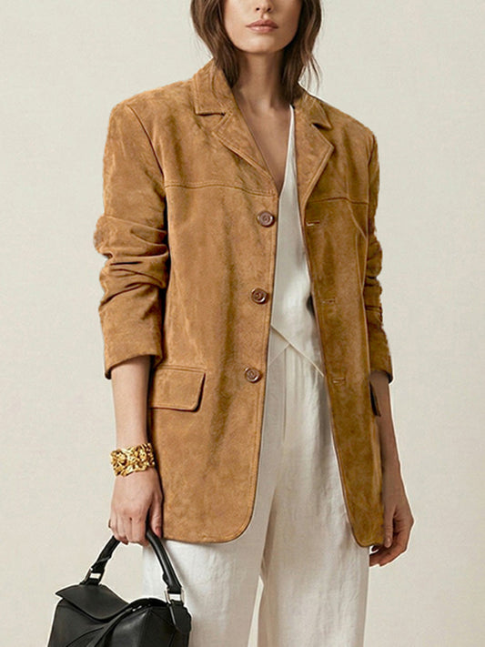 Long Sleeves Loose Buttoned Solid Color Split-Joint Notched Collar Blazer Outerwear