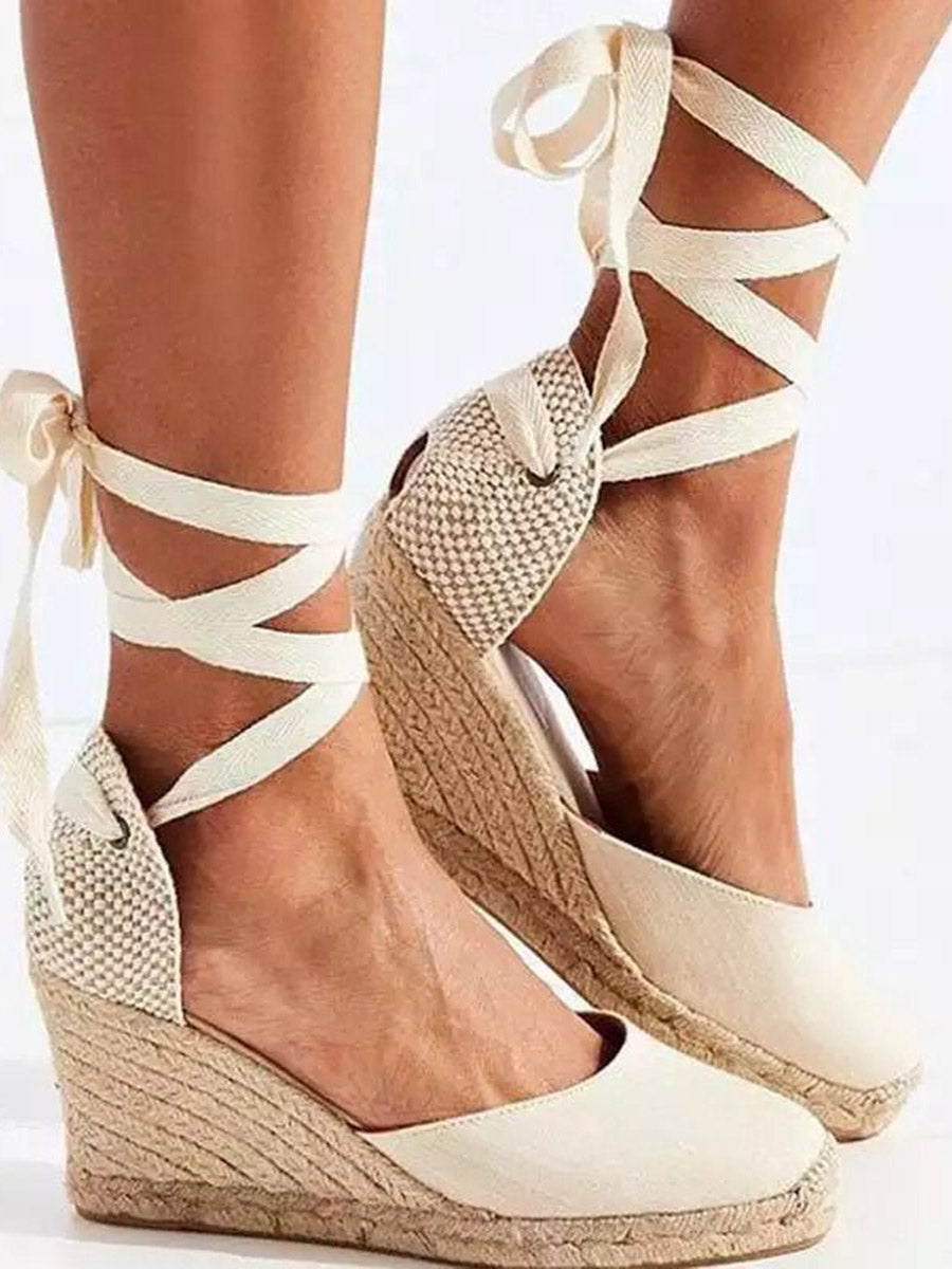 Buckle Split-Joint Square-Toe Lace-Up Ankle Wrap Espadrille Wedge Sandals