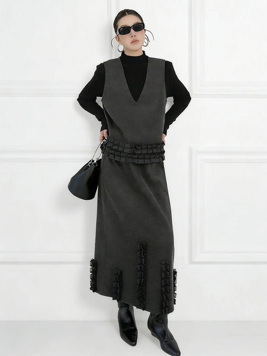 Contrast Color Ruffled Split-Joint V-Neck Vest Top + Elasticated Waist High Waisted Pleated Skirts Bottoms Two Pieces Set