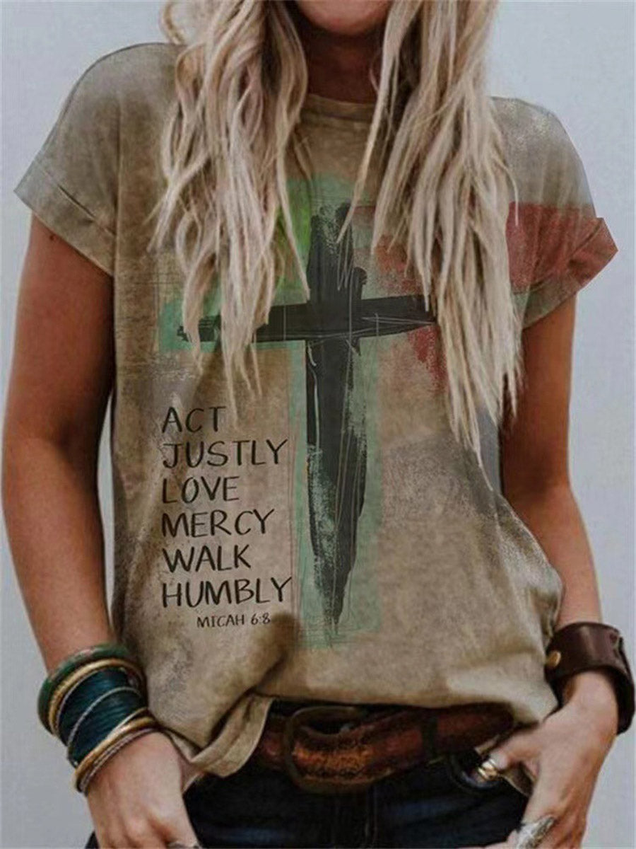 Loose Short Sleeves Contrast Color Printed Split-Joint Round-Neck T-Shirts Tops