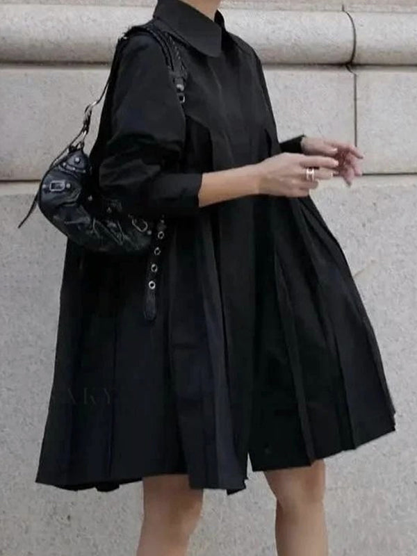 Long Sleeves Buttoned Pleated Solid Color Lapel Midi Dresses Shirt Dress