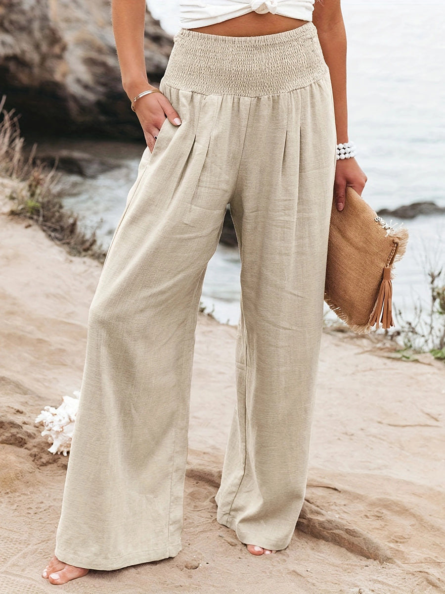 Elasticated Waist High Waisted Pleated Pockets Solid Color Split-Joint Pants