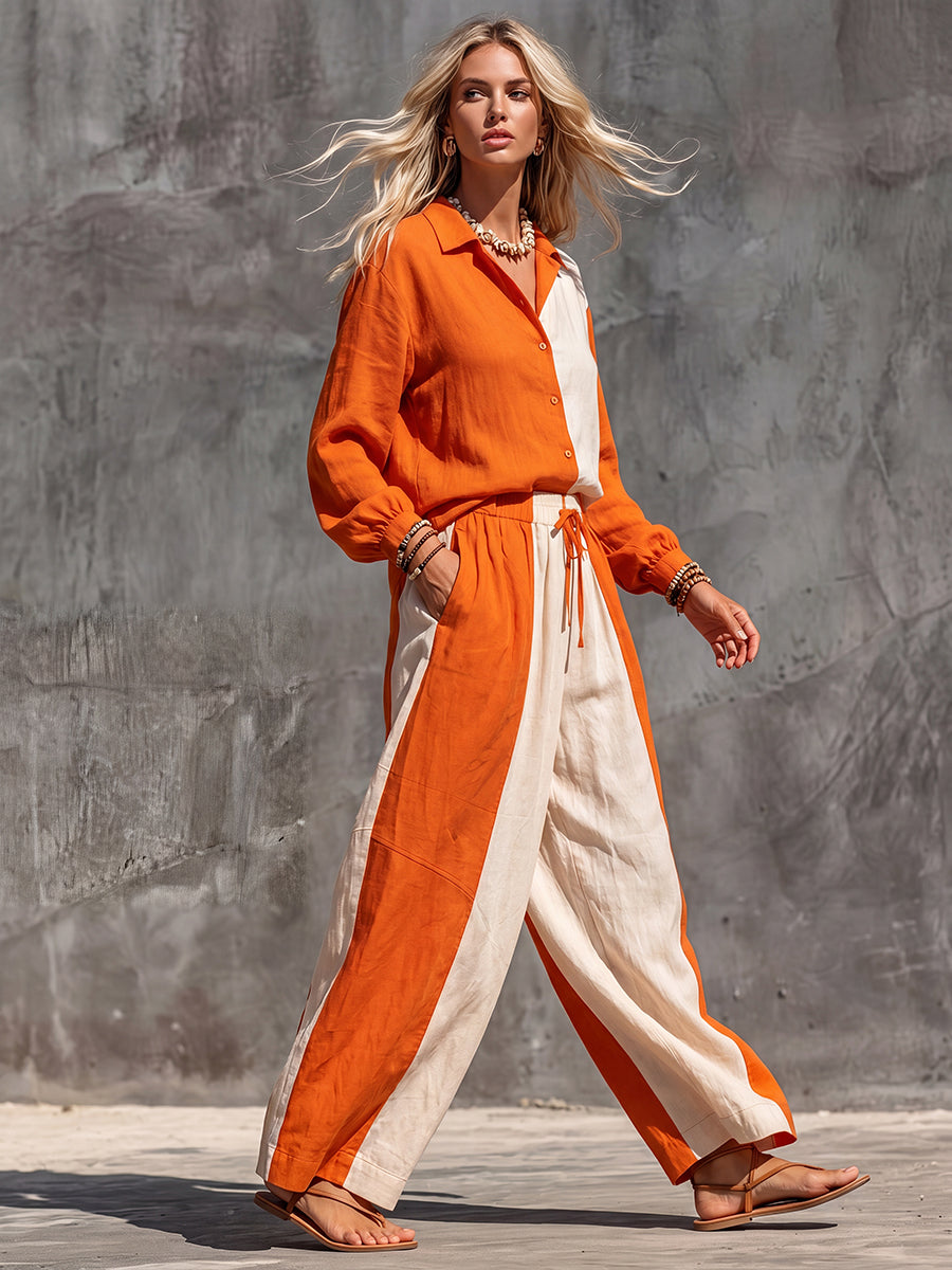 High Waisted Wide Leg Contrast Color Drawstring Elasticity Pockets Pants Trousers
