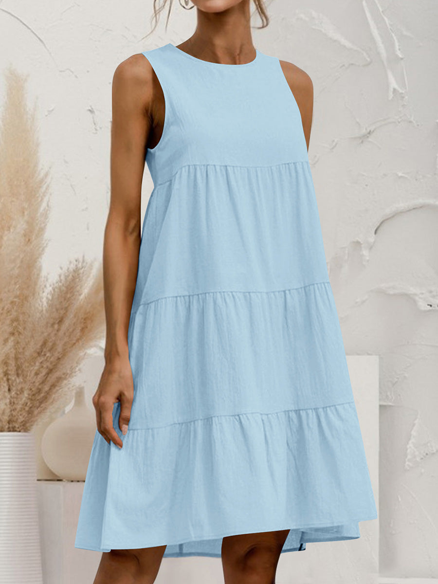 A-Line Loose Pleated Solid Color Tiered Round-Neck Mini Dresses