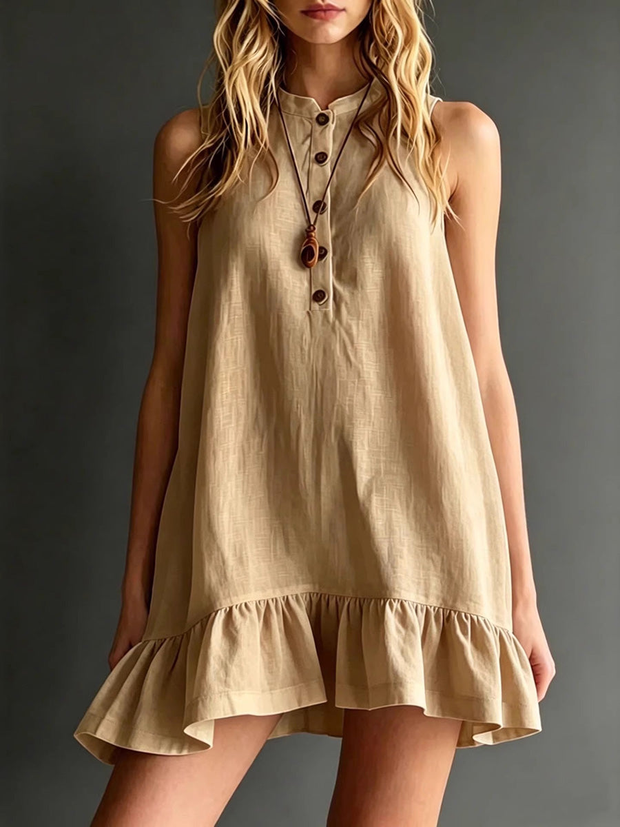 A-Line Loose Buttoned Pleated Solid Color Round-Neck Mini Dresses