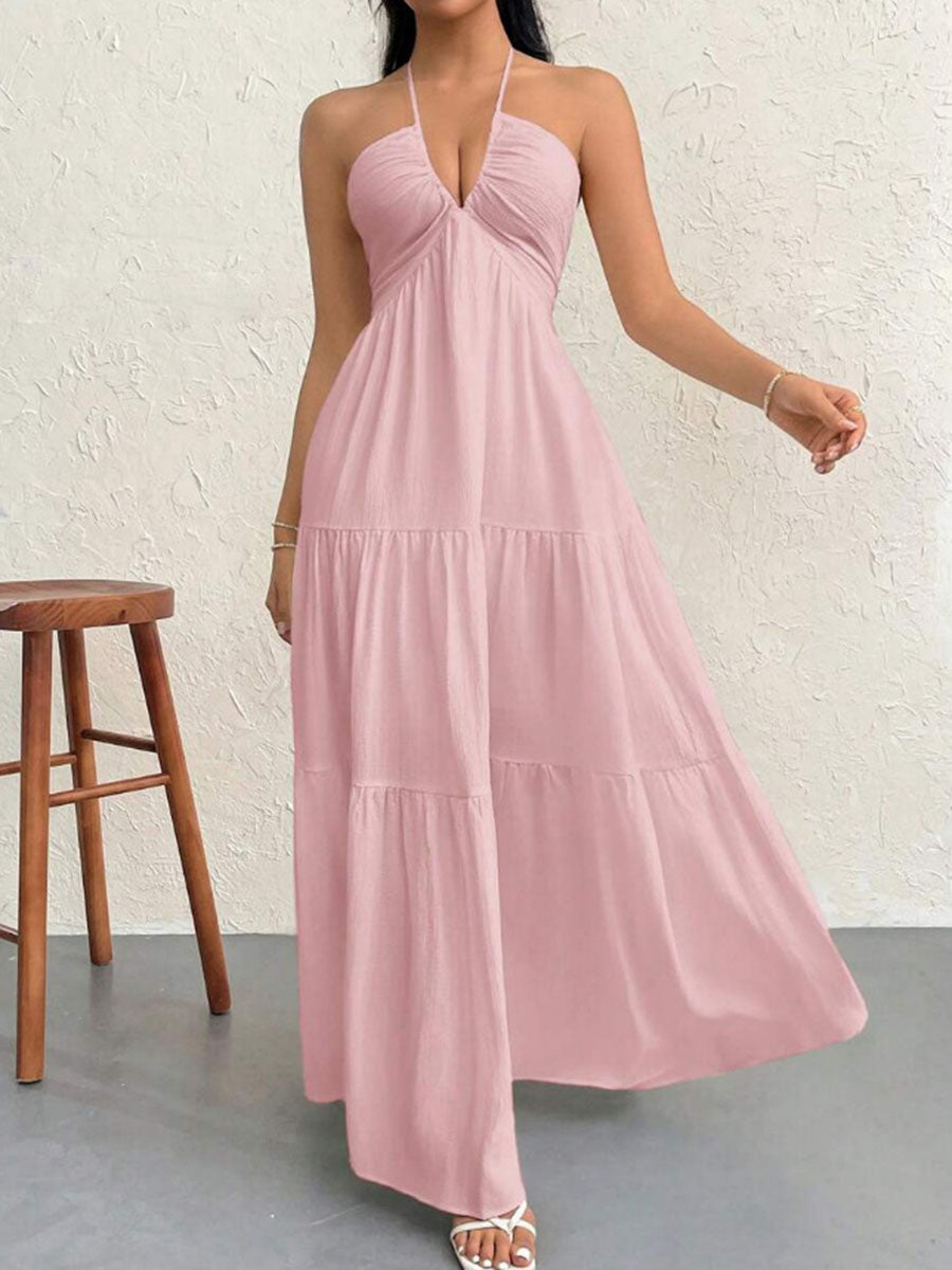 A-Line Loose Backless Pleated Solid Color Split-Joint Halter-Neck Midi Dresses