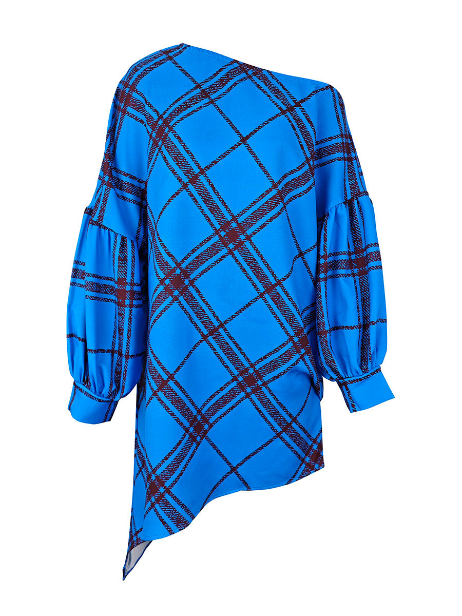 Long Sleeves Puff Sleeves Asymmetric Contrast Color Plaid Pleated One-Shoulder Mini Dresses