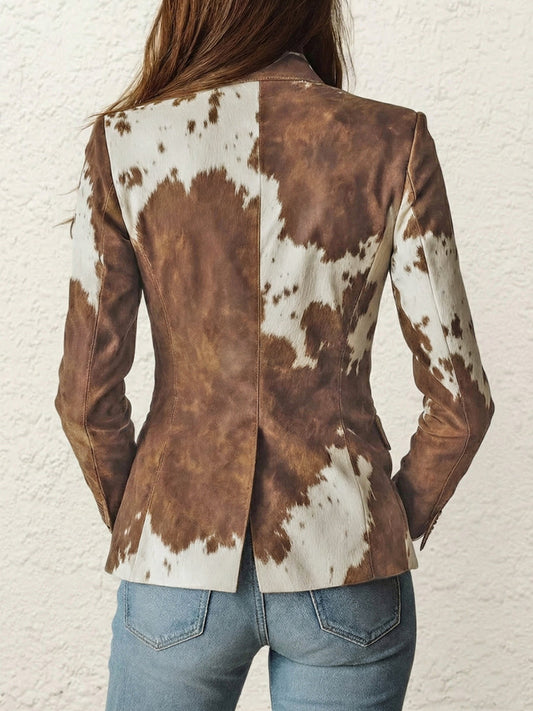 Long Sleeves Buttoned Contrast Color Pockets Printed Split-Back Notched Collar Blazer Outerwear