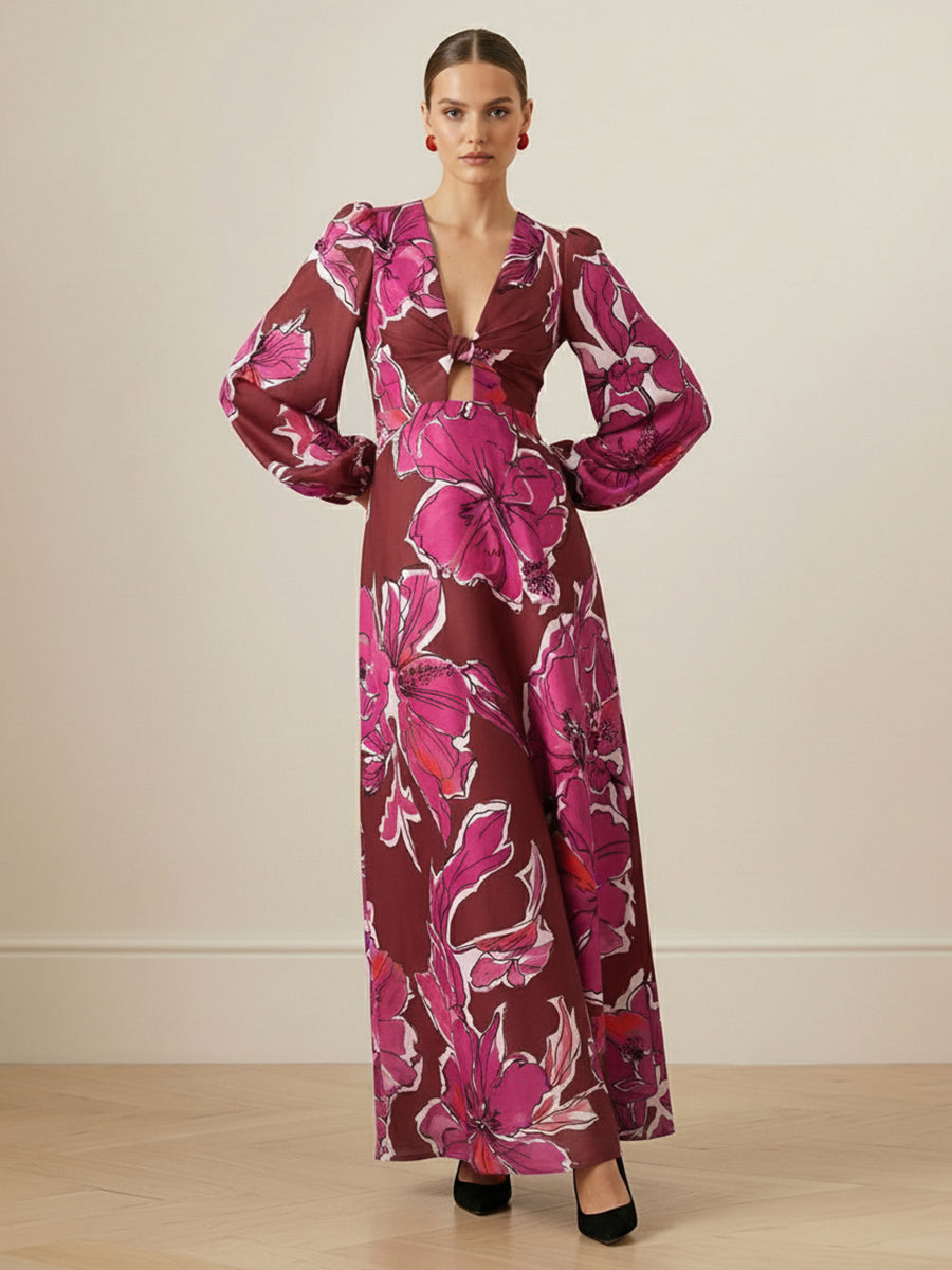 Elasticated Waist Long Sleeves Contrast Color Flower Print Hollow Split-Joint Twist Deep V-Neck Maxi Dresses