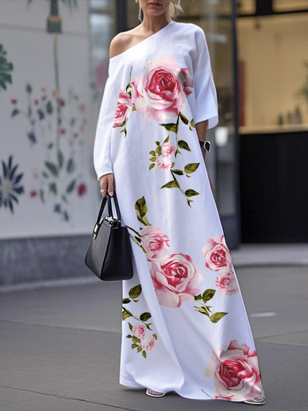 Loose Three-Quarter Sleeves Asymmetric Flower Print Pockets One-Shoulder Maxi Dresses