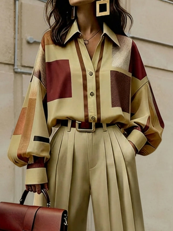 Long Sleeves Loose Buttoned Contrast Color Plaid Lapel Blouses&Shirts Tops