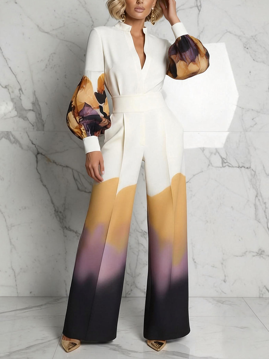 Long Sleeves Puff Sleeves Abstract Printed Contrast Color Split-Joint Stand Collar Blouses&Shirts Tops