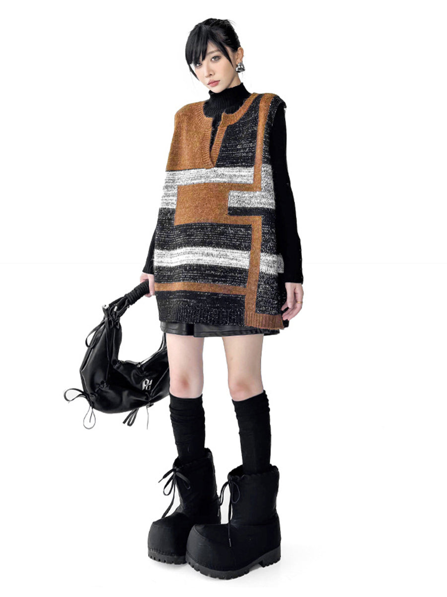 Loose Sleeveless Contrast Color Geometric Split-Joint Striped V-Neck Outerwear Vest Top
