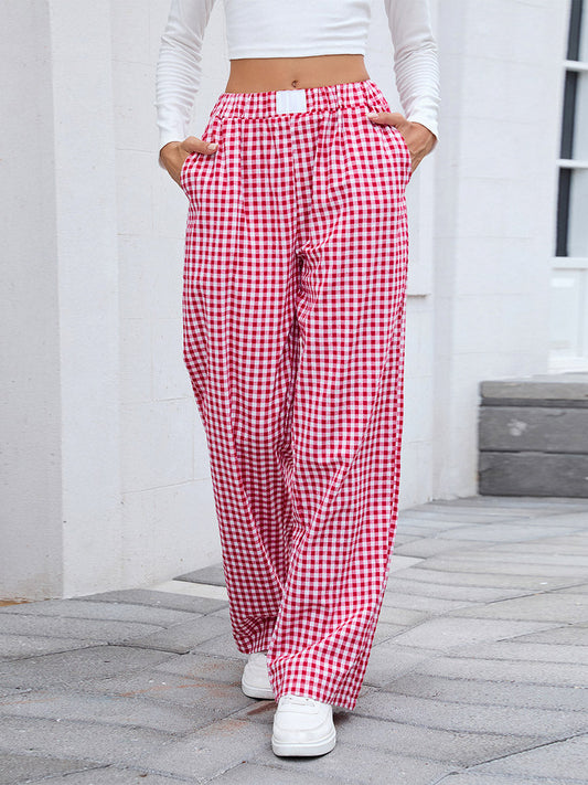Elasticated Waist High Waisted Contrast Color Plaid Pockets Split-Joint Pants Trousers