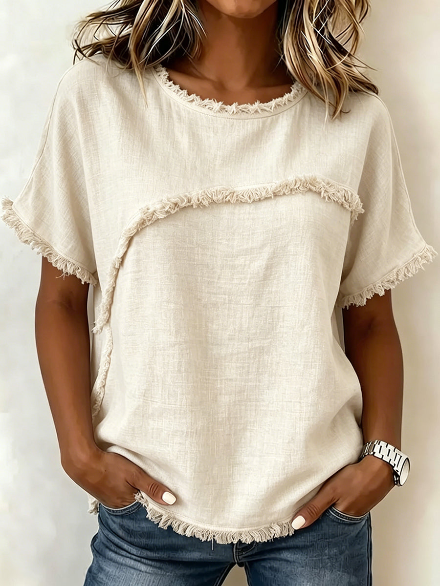 Loose Short Sleeves Fringed Solid Color Split-Joint Round-Neck T-Shirts Tops