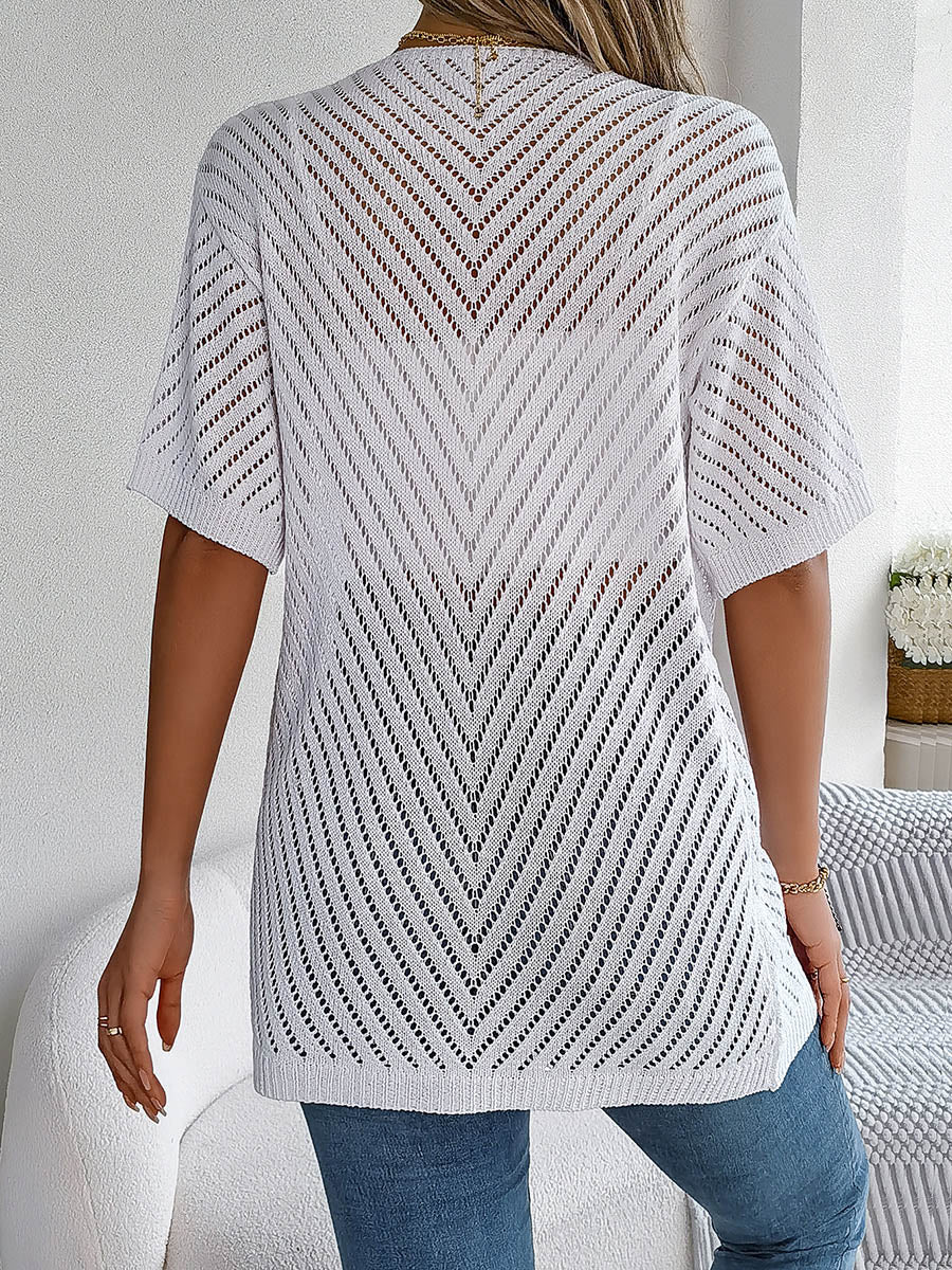 Half Sleeves Loose Hollow Solid Color Cardigan Tops