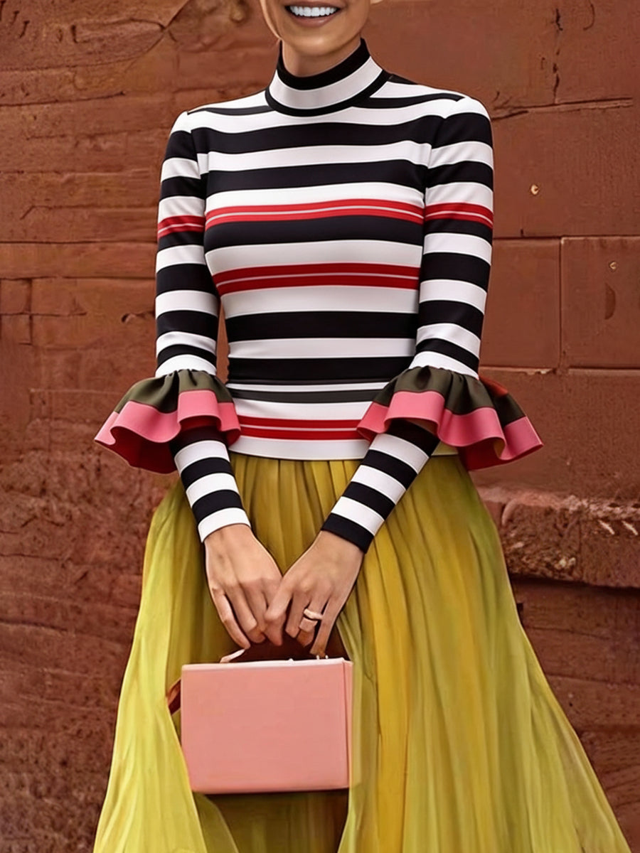Long Sleeves Skinny Contrast Color Ruffled Split-Joint Striped Half Turtleneck Blouses&Shirts Tops