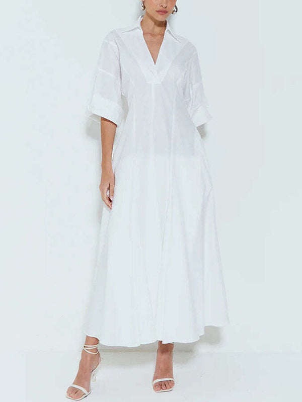 A-Line High Waisted Pleated Solid Color V-Neck Maxi Dresses Shirt Dress