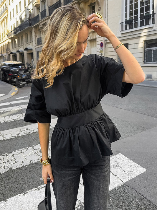 Elasticated Waist High Waisted Pleated Solid Color Split-Joint Tied Waist Round-Neck Blouses&Shirts Tops