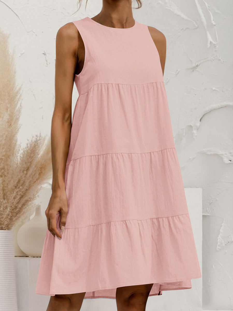 A-Line Loose Pleated Solid Color Tiered Round-Neck Mini Dresses