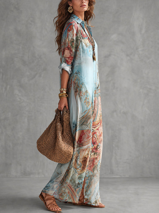 Long Sleeves Loose Buttoned Contrast Color Pockets Printed Lapel Maxi Dresses Shirt Dress