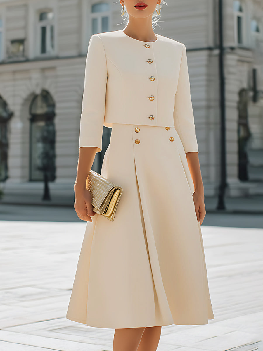 Three-Quarter Sleeves Buttoned Solid Color Round-Neck Outerwear