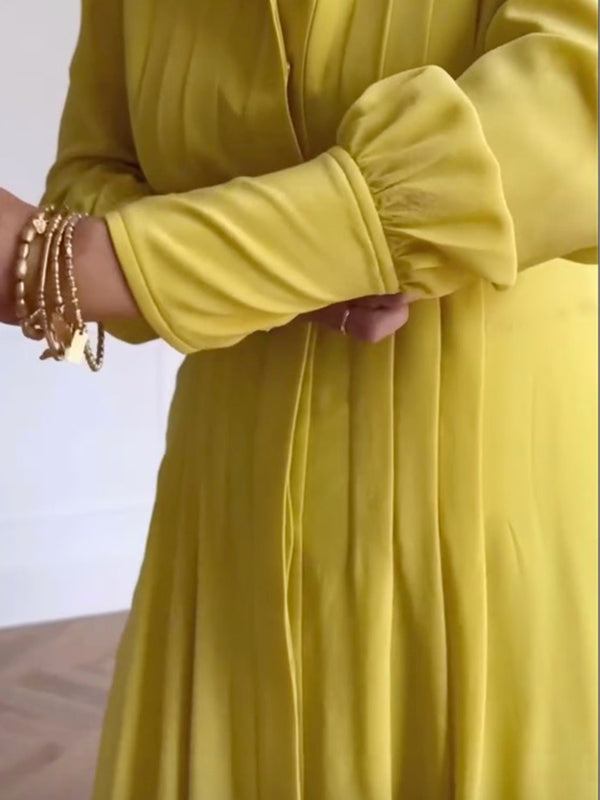 A-Line Long Sleeves Buttoned Pleated Pockets Solid Color Tied Waist V-Neck Maxi Dresses