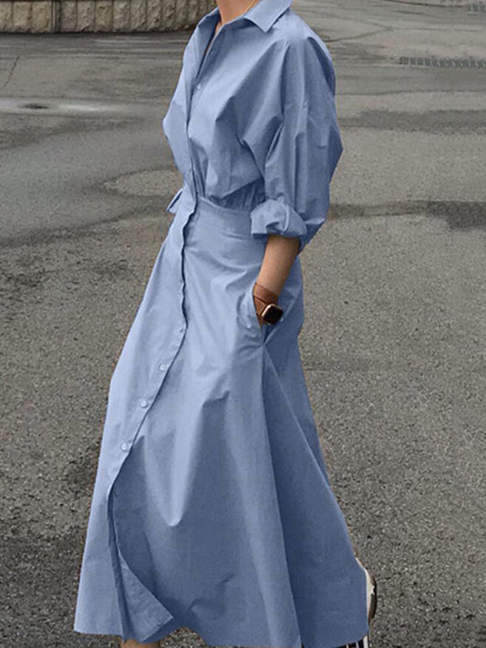 Loose Puff Sleeves Pleated Solid Color Split-Joint Lapel Maxi Dresses Shirt Dress