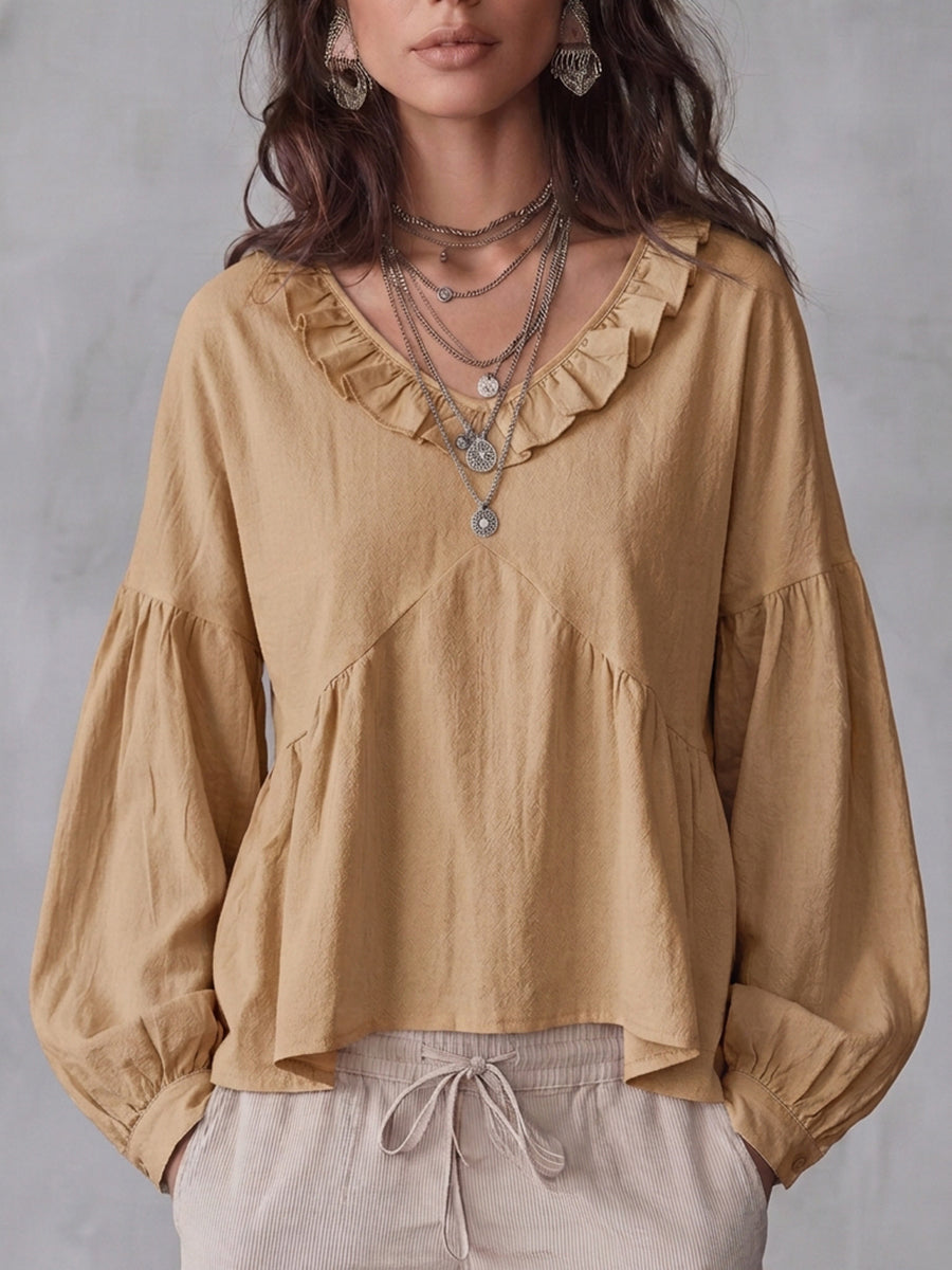 Long Sleeves Loose Pleated Ruffle Trim Solid Color Split-Joint Deep V-Neck Blouses&Shirts Tops