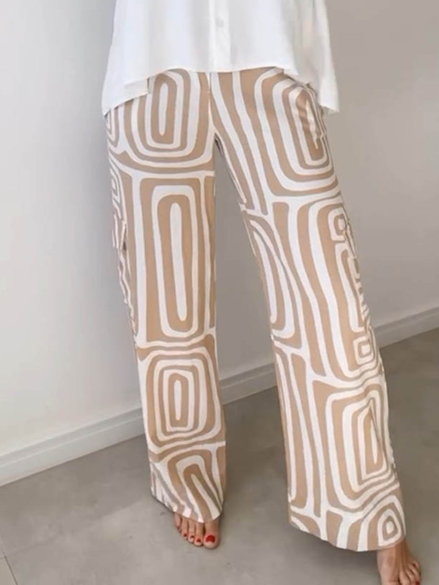 High Waisted Wide Leg Contrast Color No Belt Pockets Printed Pants Trousers