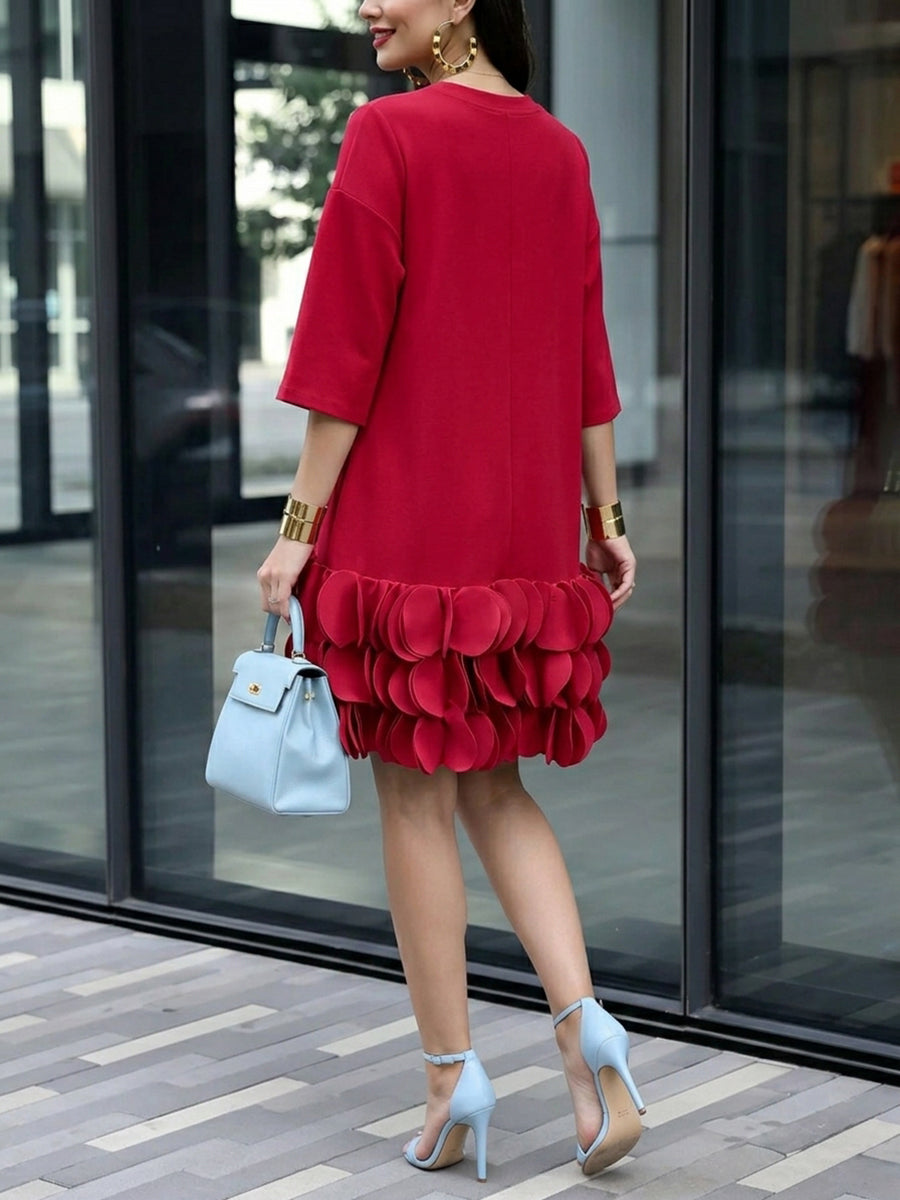 A-Line Loose Solid Color Split-Joint Three-Dimensional Flower Round-Neck Mini Dresses
