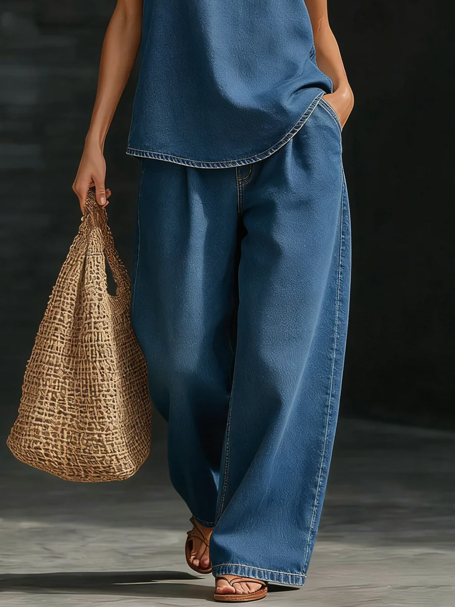 Loose Wide Leg Pockets Solid Color Jean Pants Bottoms