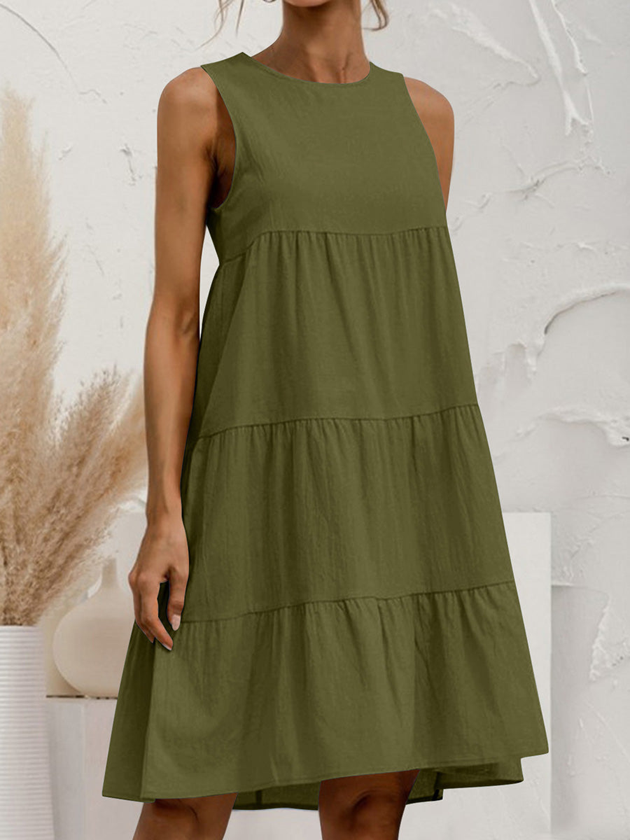 A-Line Loose Pleated Solid Color Tiered Round-Neck Mini Dresses