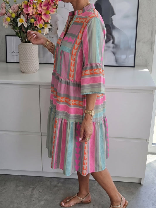 A-Line Loose Contrast Color Printed Split-Joint V-Neck Mini Dresses