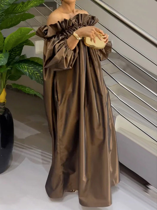 Loose Puff Sleeves Falbala Pleated Solid Color Off-The-Shoulder Maxi Dresses