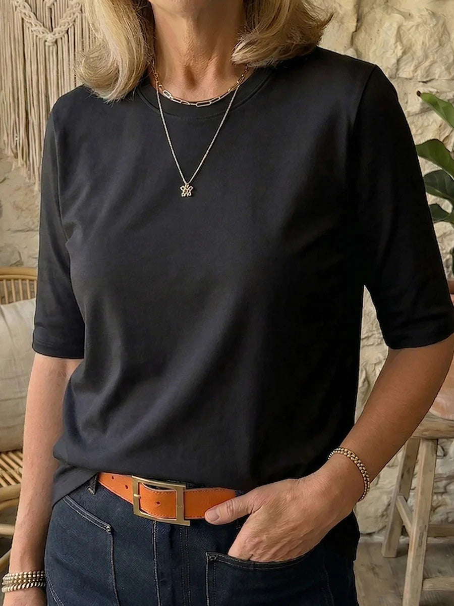 Half Sleeves Loose Solid Color Round-Neck T-Shirts Tops