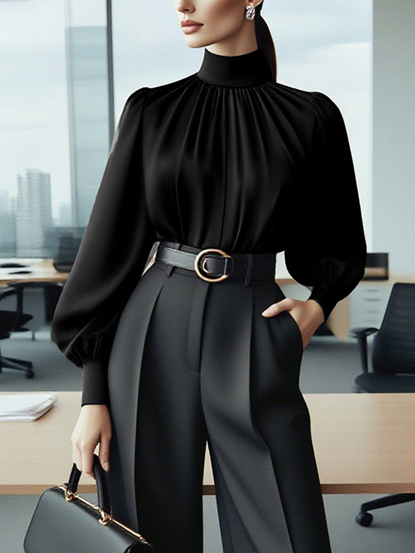 Puff Sleeves Pleated Solid Color Split-Joint High Neck Blouses&Shirts Tops
