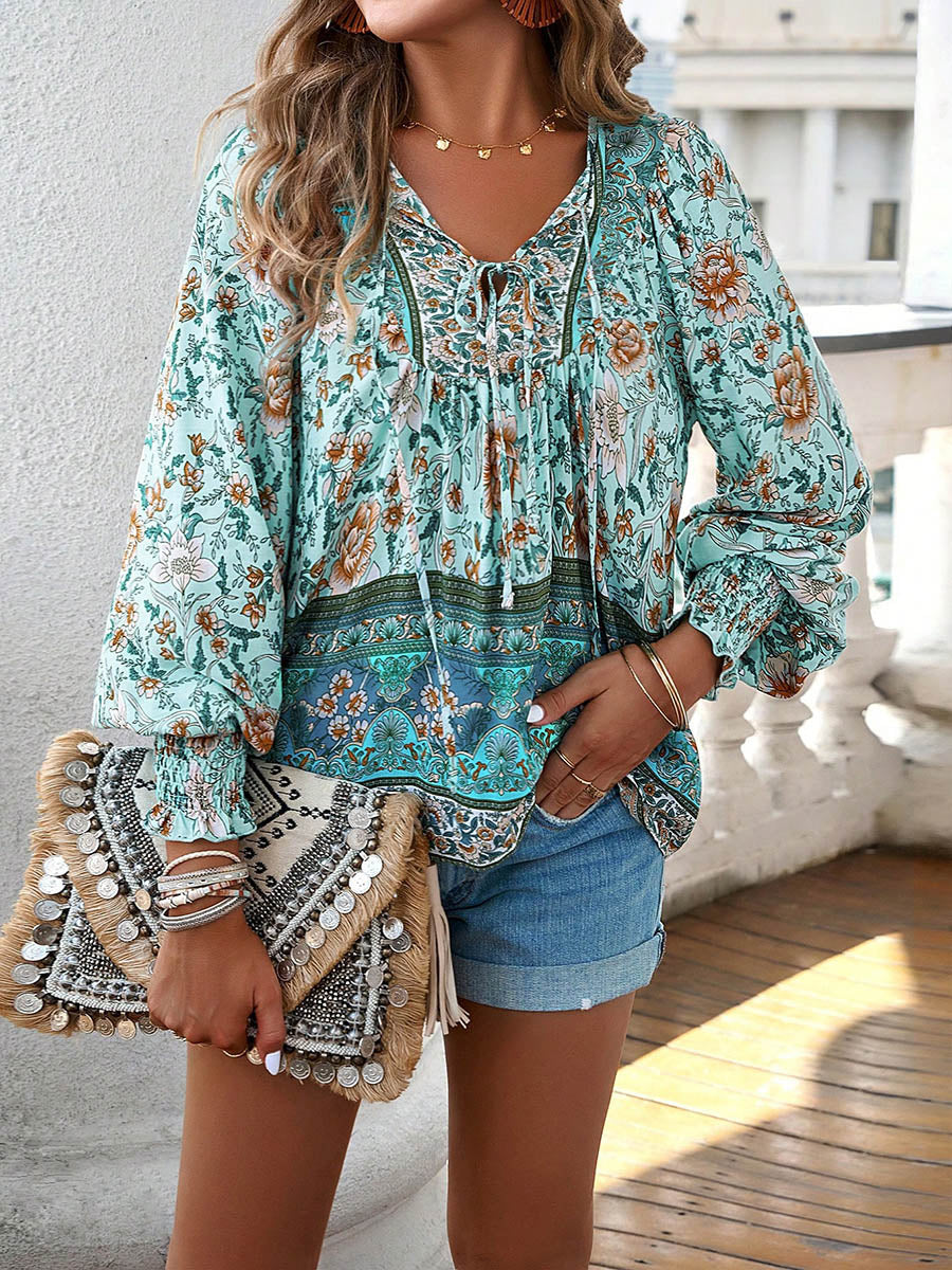 Long Sleeves Loose Contrast Color Drawstring Flower Print Pleated Split-Joint V-Neck Blouses&Shirts Tops