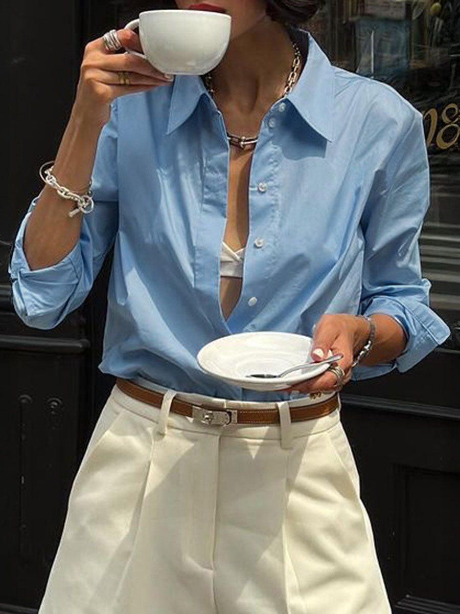 Long Sleeves Buttoned Solid Color Lapel Blouses&Shirts Tops