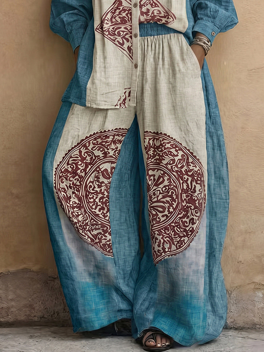 High Waisted Loose Contrast Color Elasticity Pockets Printed Pants Trousers