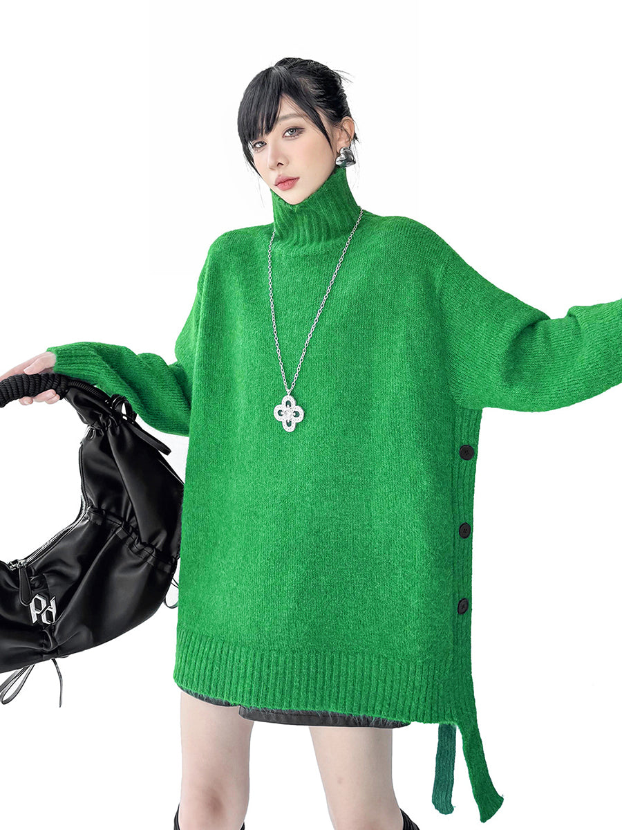 Irregularity Long Sleeves Buttoned Ribs Solid Color Split-Joint High Neck Sweater Tops