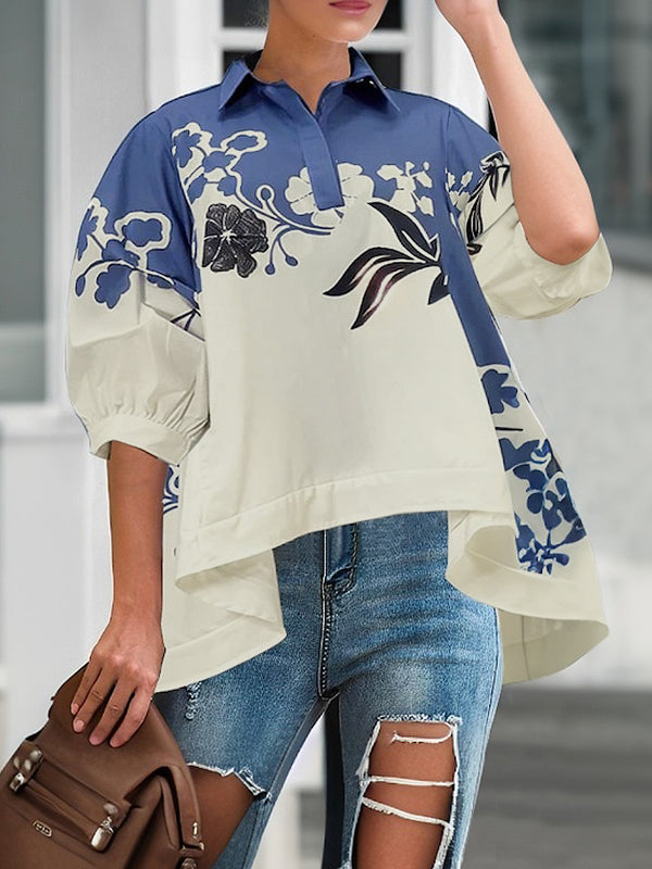 Half Sleeves High-Low Buttoned Flower Print Pleated Lapel Blouses&Shirts Tops