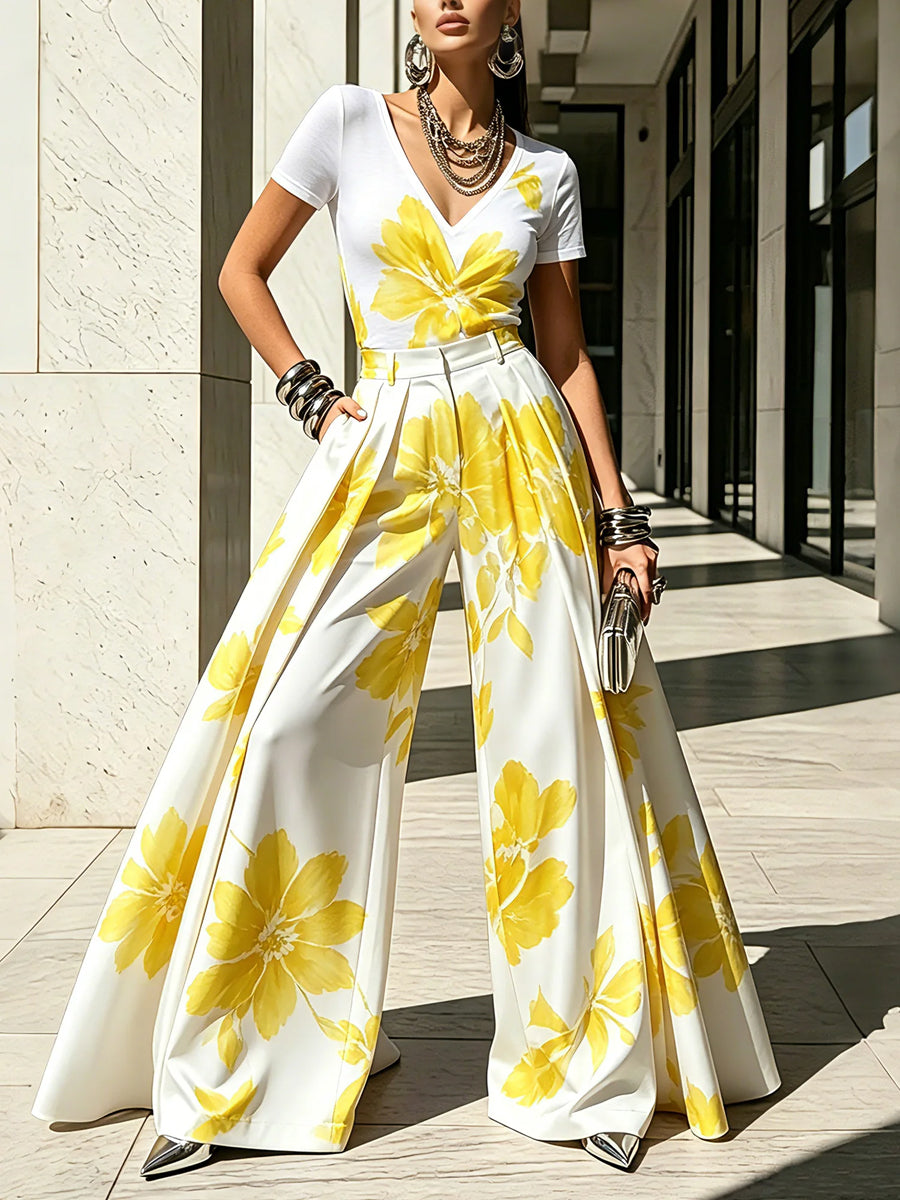 High Waisted Wide Leg Flower Print Pleated Pockets Pants Trousers