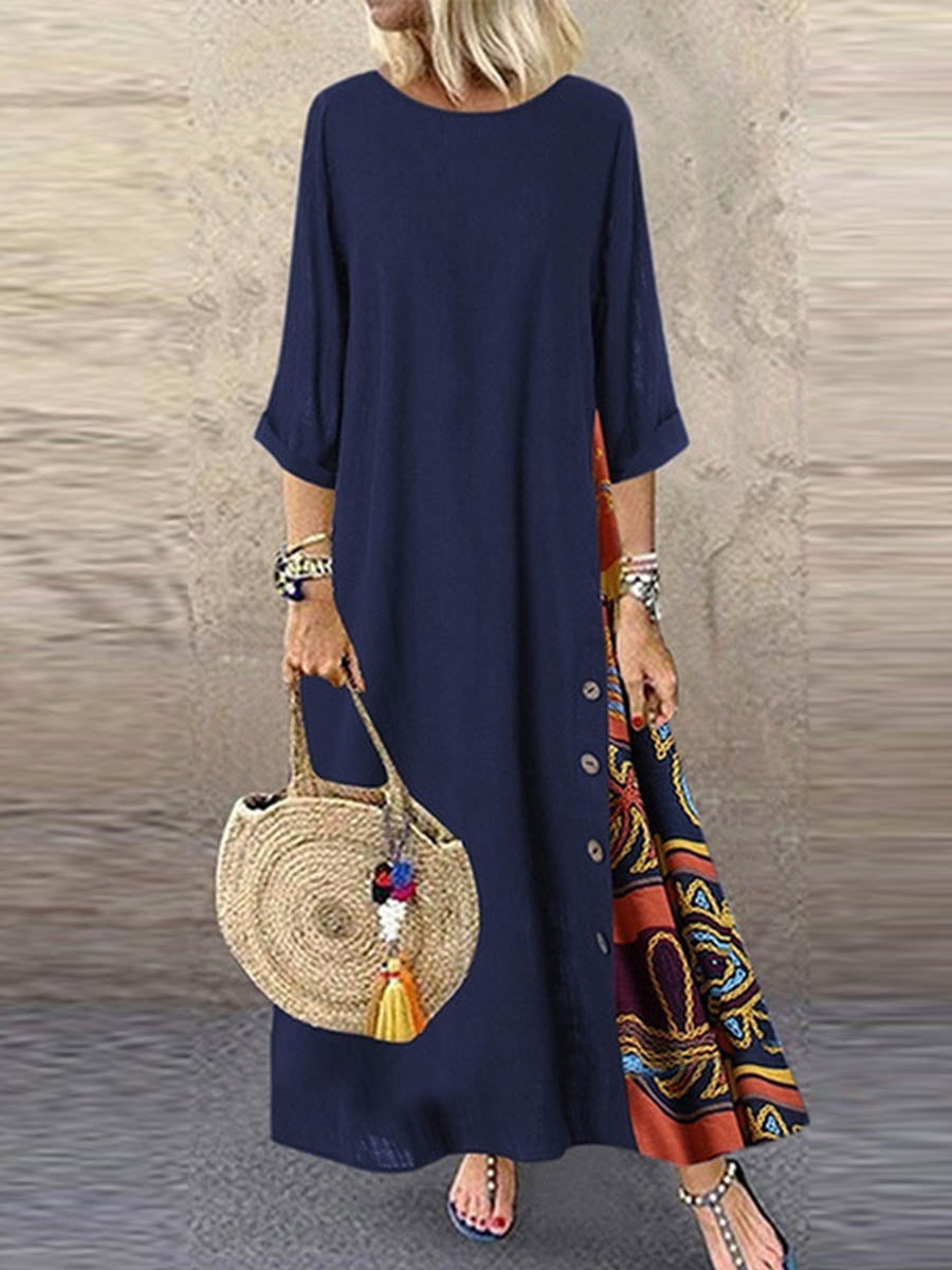 Loose Plus Size Buttoned Contrast Color Printed Split-Joint Round-Neck Midi Dresses