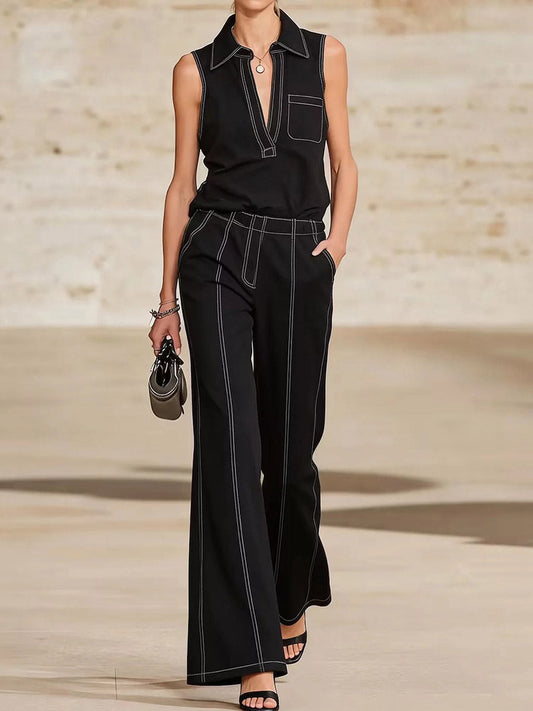 Loose Sleeveless Line Solid Color Lapel Vest Top