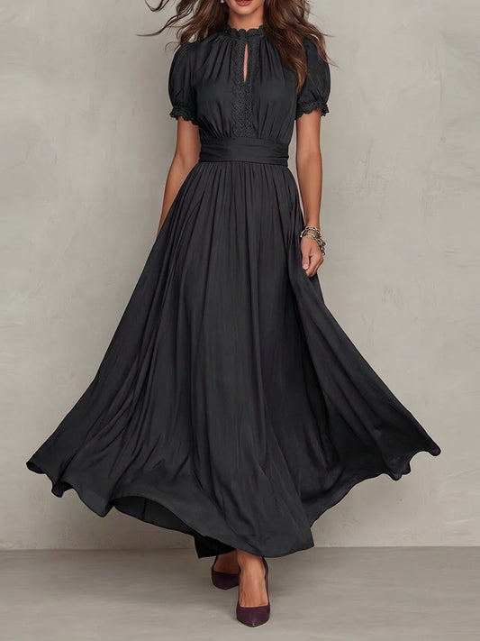High Waisted Plus Size Buttoned Pleated Solid Color Round-neck Maxi Dresses