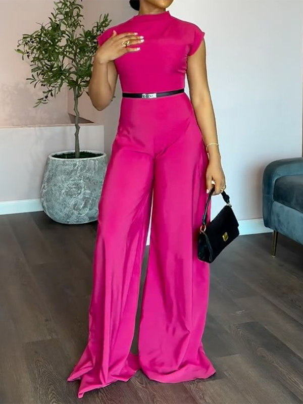 Cap Sleeve Wide Leg No Belt Solid Color Stand Collar Jumpsuits