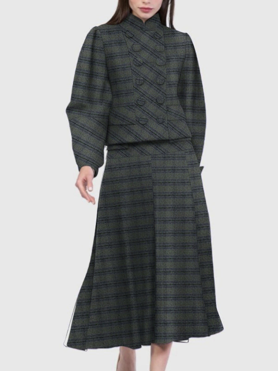 A-Line Long Sleeves Buttoned Plaid Split-Joint Stand Collar Sets Two-Piece Sets